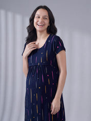 Navy Blue Printed Hosiery Maternity Nighty