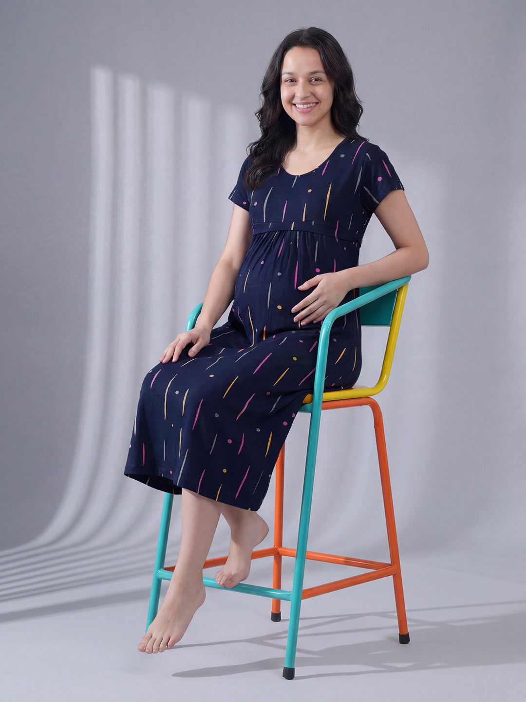 Navy Blue Printed Hosiery Maternity Nighty