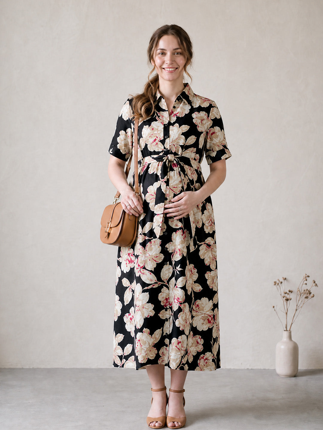 Amoha By Secret Wish Black Floral Rayon Maternity Dress