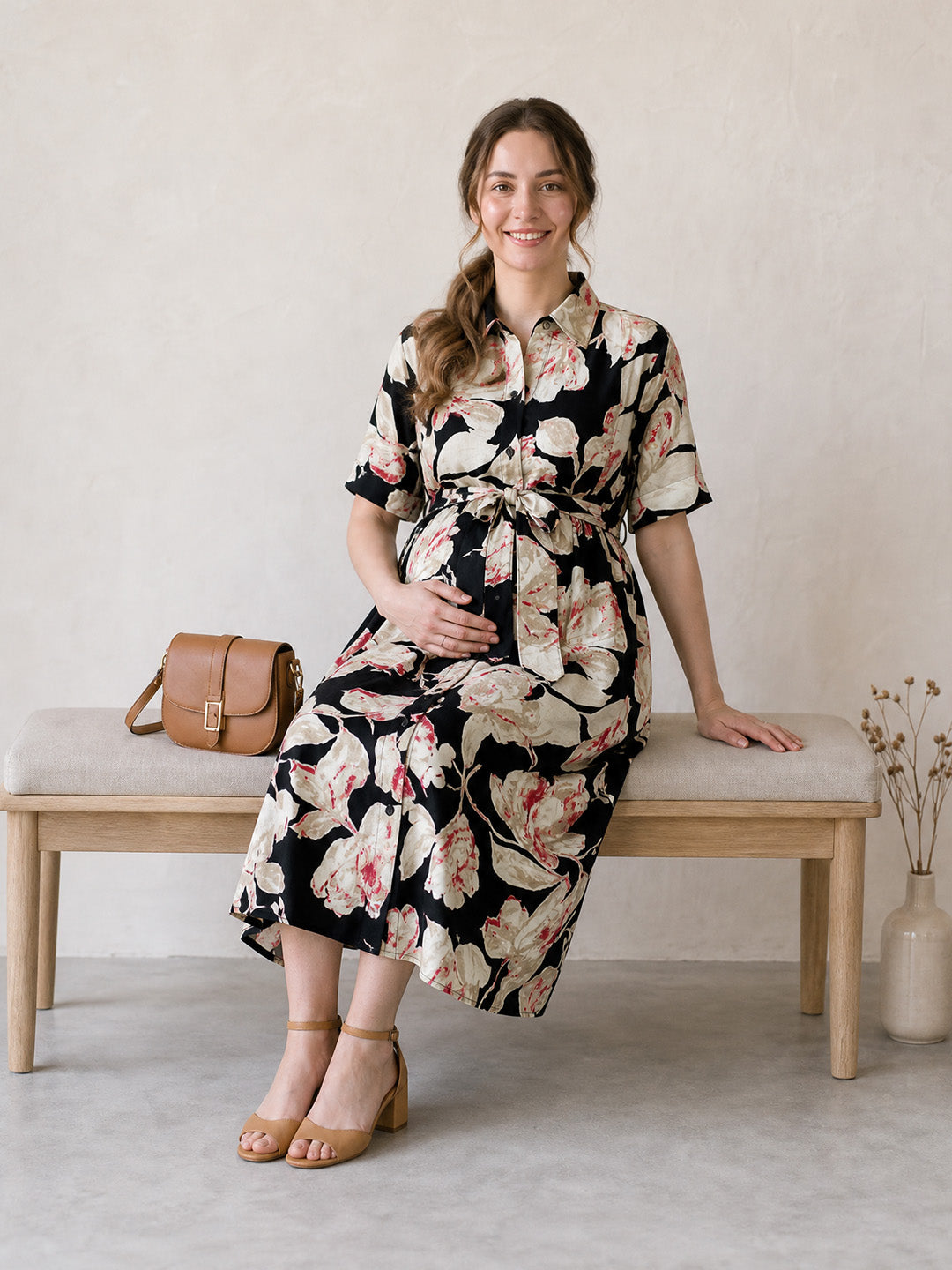 Amoha By Secret Wish Black Floral Rayon Maternity Dress
