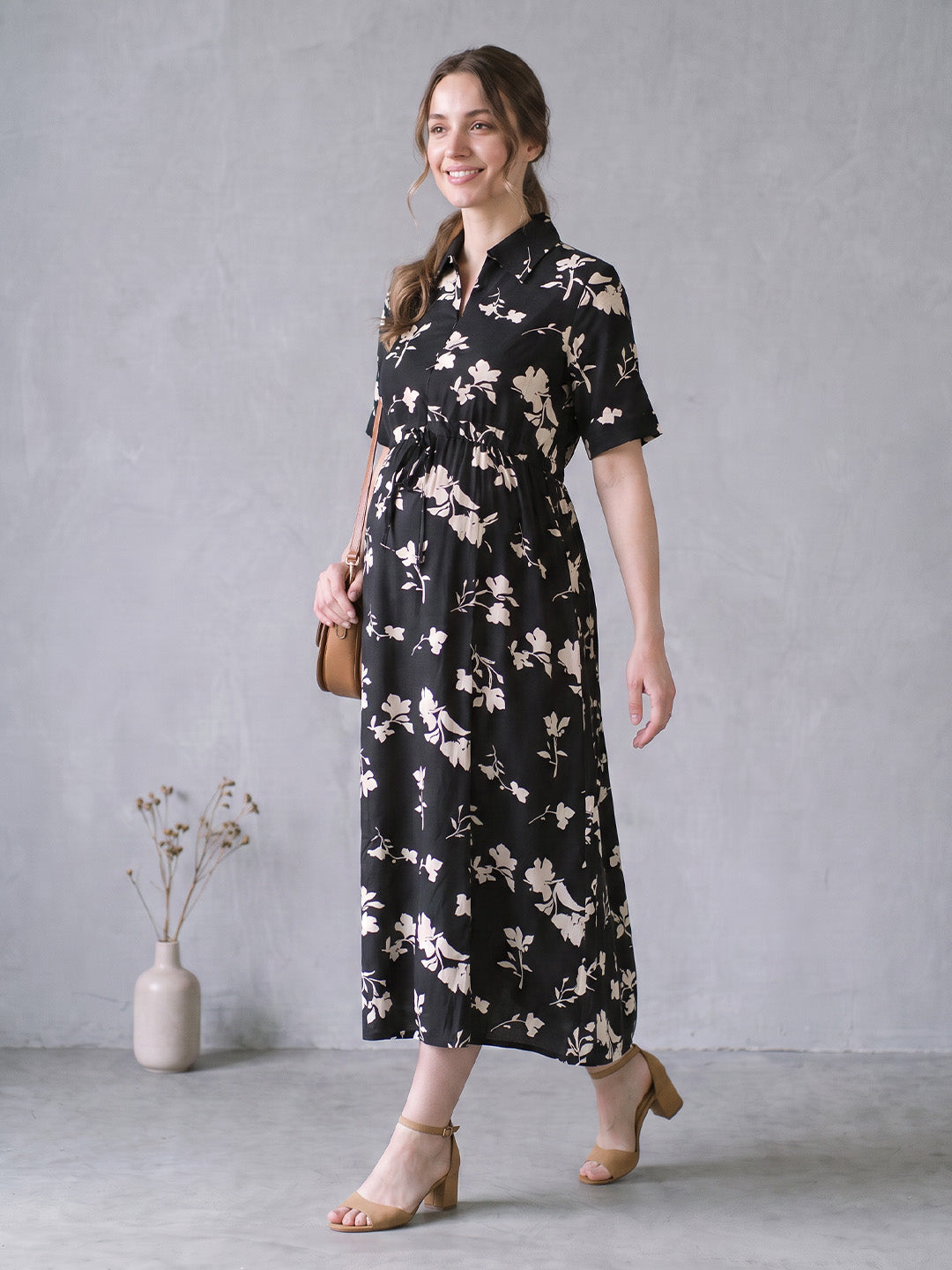 Amoha by Secret Wish Black Floral Rayon Maternity Dress