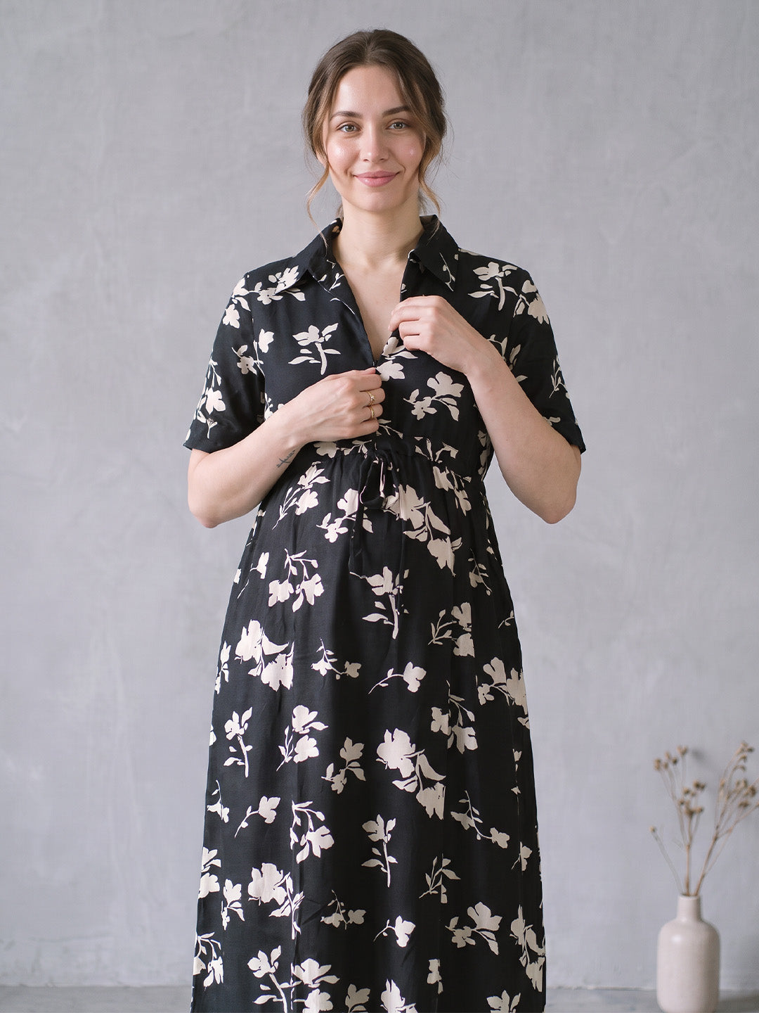 Amoha by Secret Wish Black Floral Rayon Maternity Dress