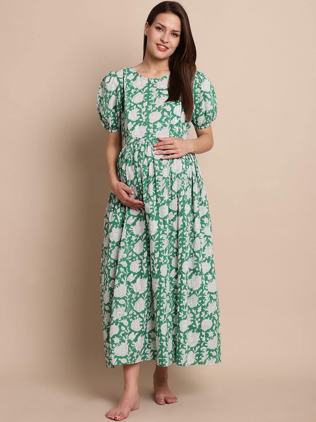 Green Floral Block Print Maternity Dress
