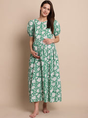 Green Floral Block Print Maternity Dress