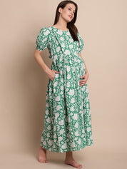 Green Floral Block Print Maternity Dress
