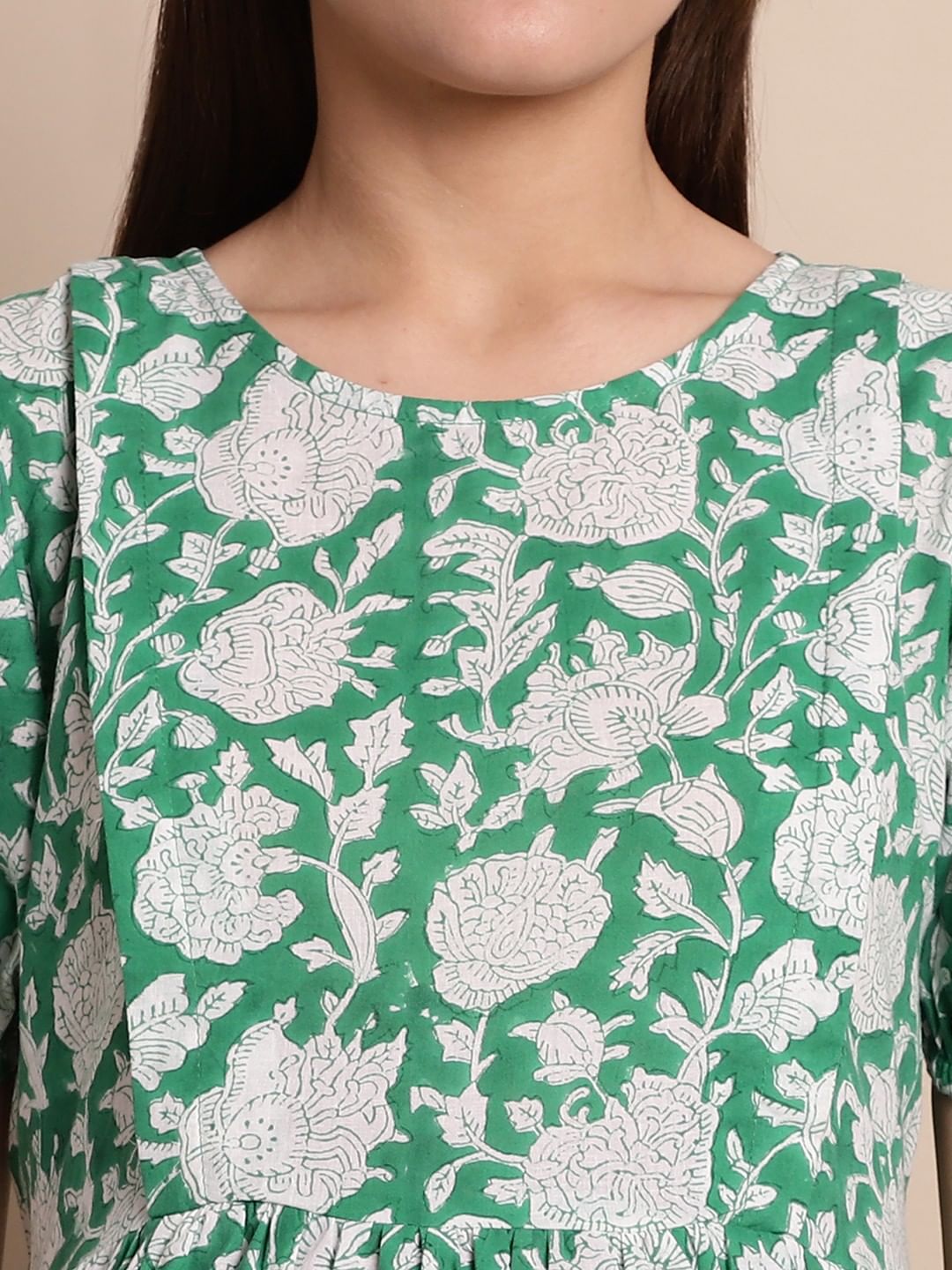 Green Floral Block Print Maternity Dress
