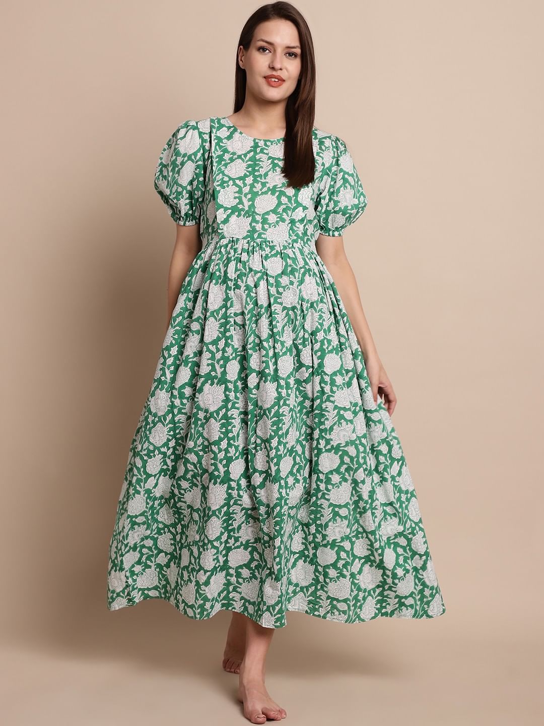 Green Floral Block Print Maternity Dress