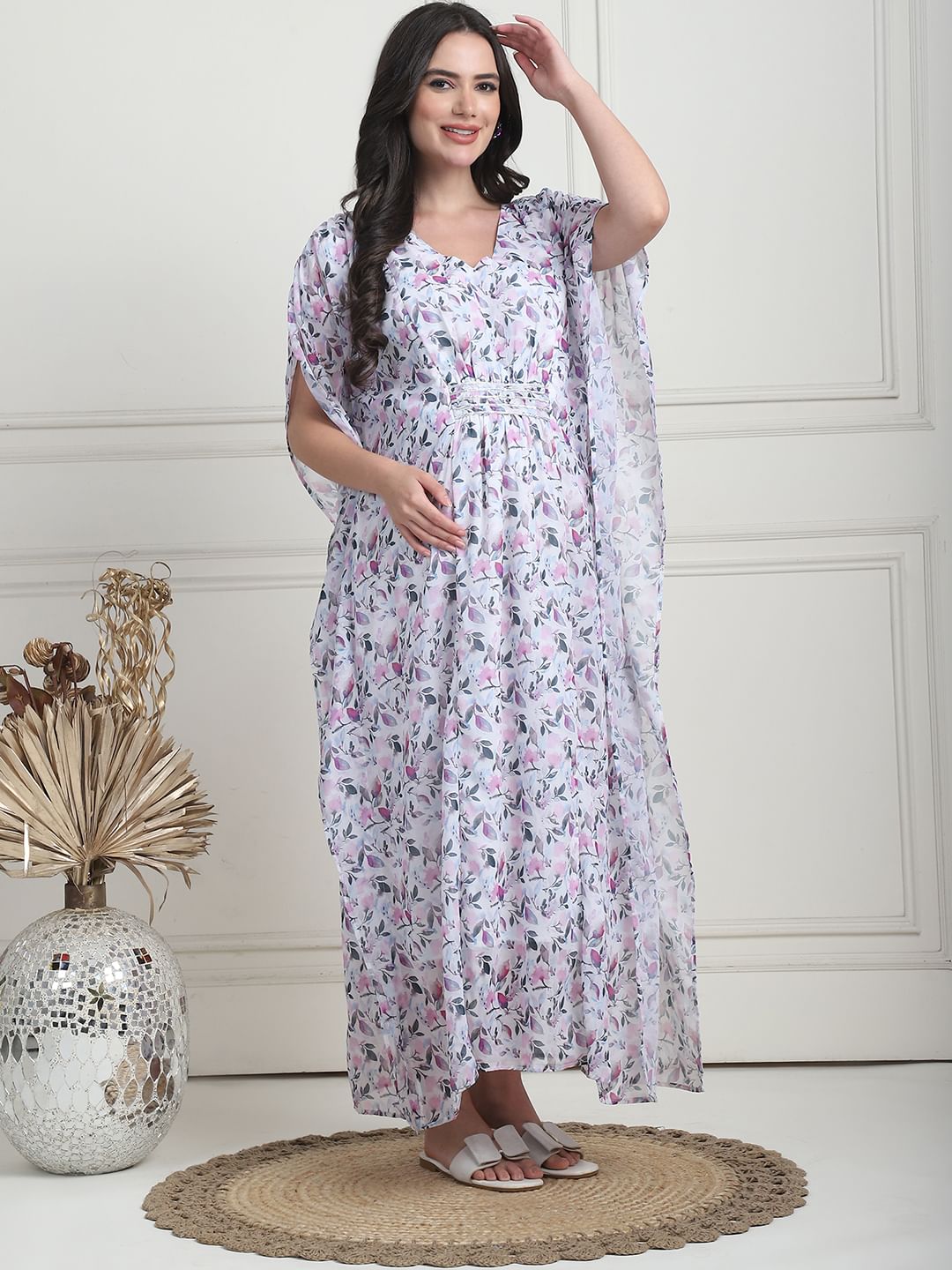 Floral Print White Georgette Maternity Kaftan Dress Full Length