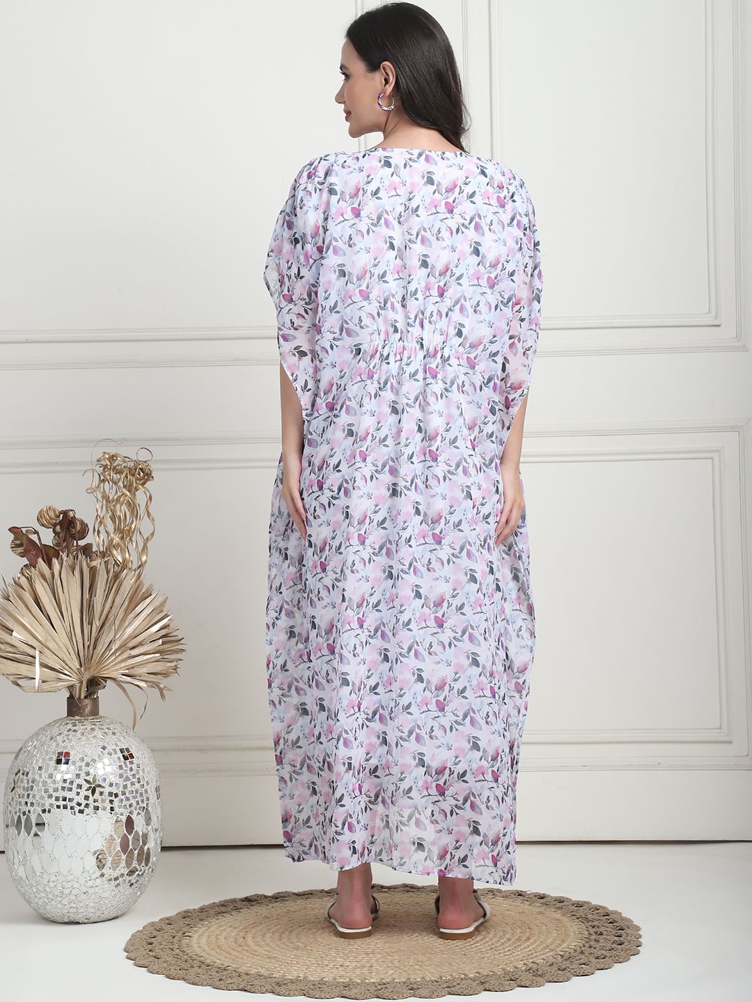 Floral Print White Georgette Maternity Kaftan Dress Full Length