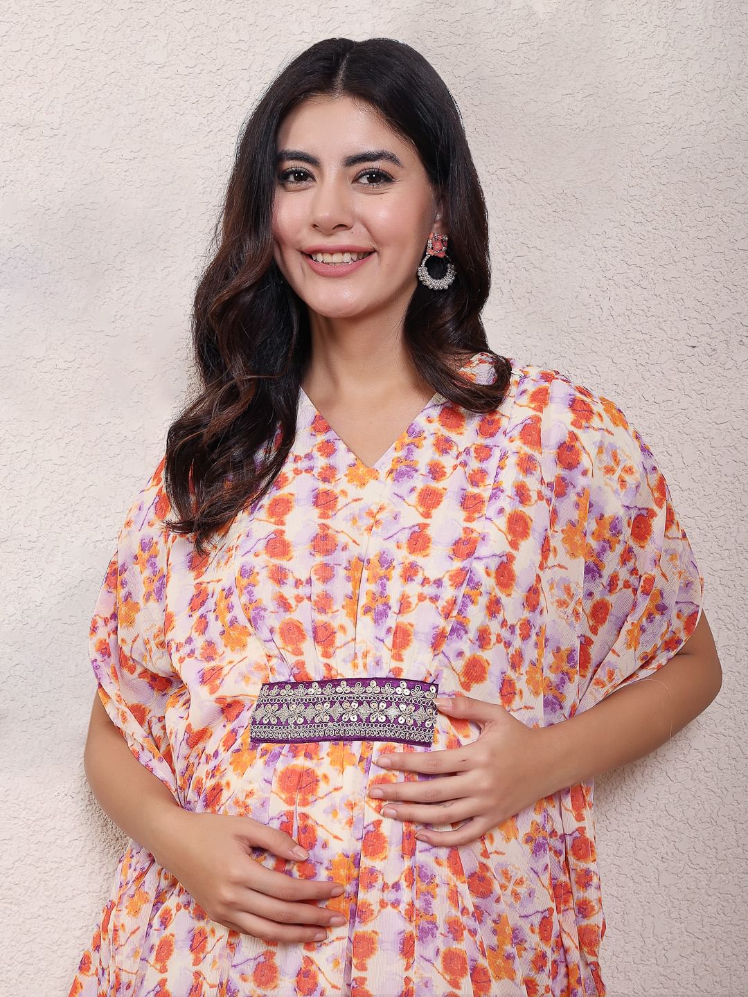 Orange Floral Georgette Maternity Kaftan Dress