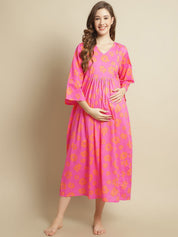 Pink Floral Cotton Maternity Kaftan Nightdress