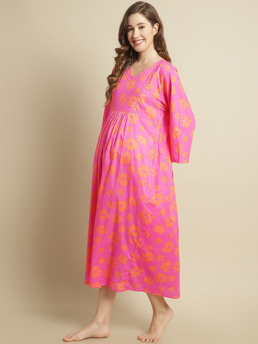 Pink Floral Cotton Maternity Kaftan Nightdress