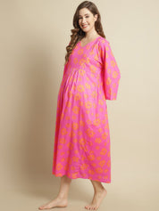 Pink Floral Cotton Maternity Kaftan Nightdress