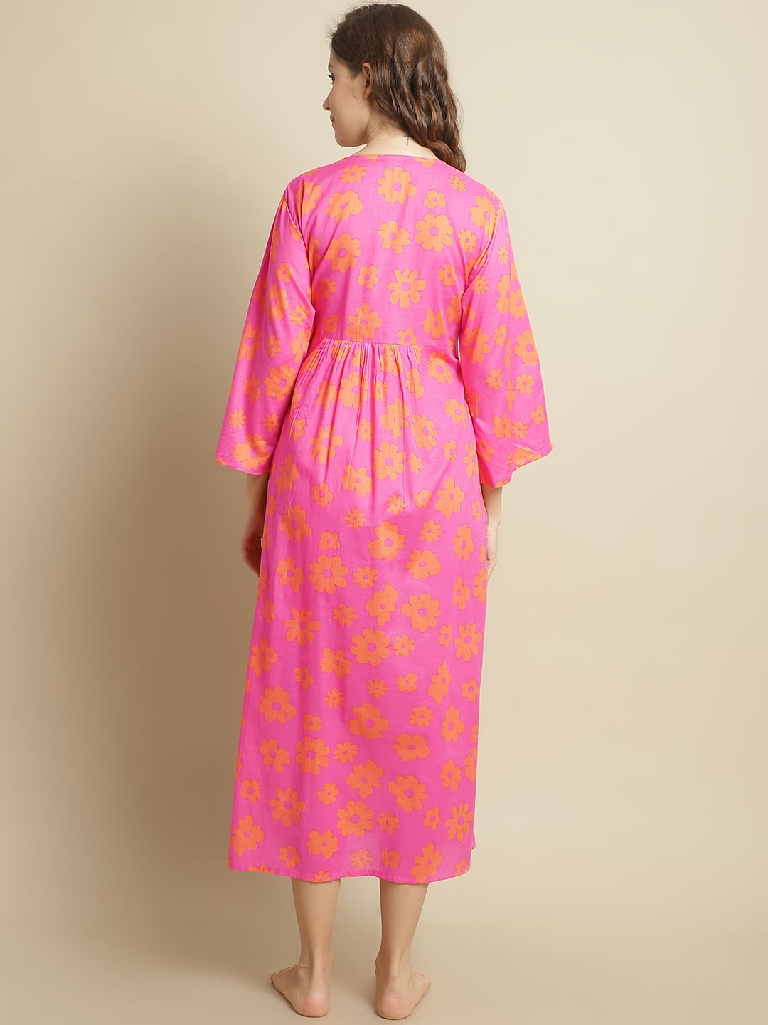 Pink Floral Cotton Maternity Kaftan Nightdress