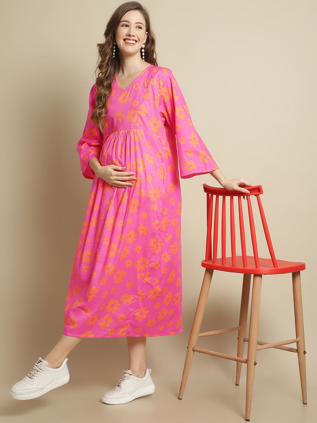 Pink Floral Cotton Maternity Kaftan Nightdress