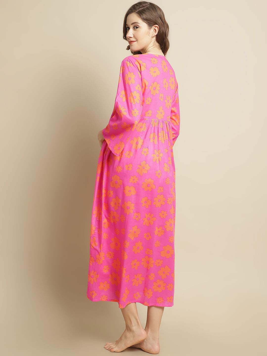 Pink Floral Cotton Maternity Kaftan Nightdress