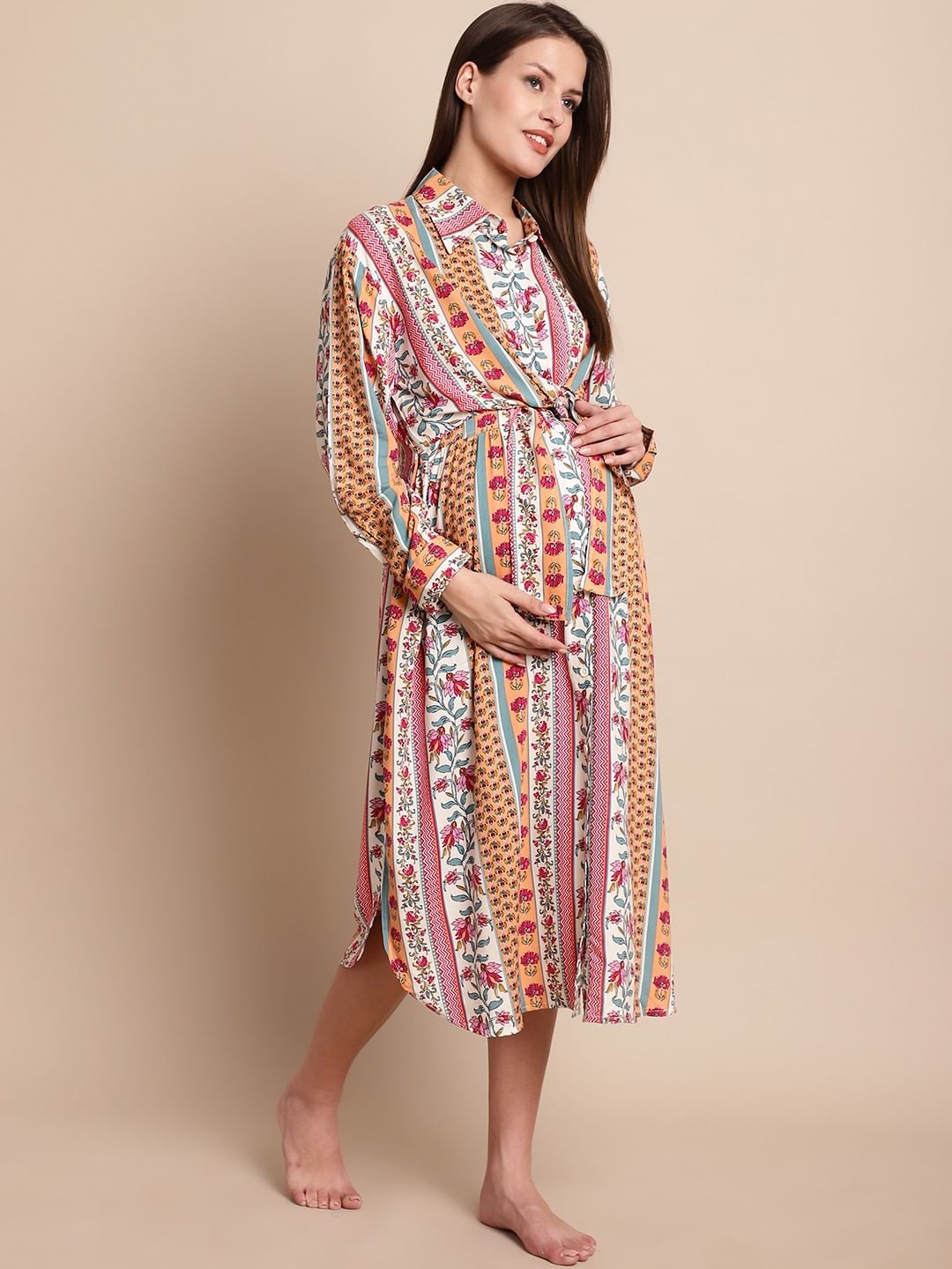 Pink & White Floral Maternity Shirt Dress