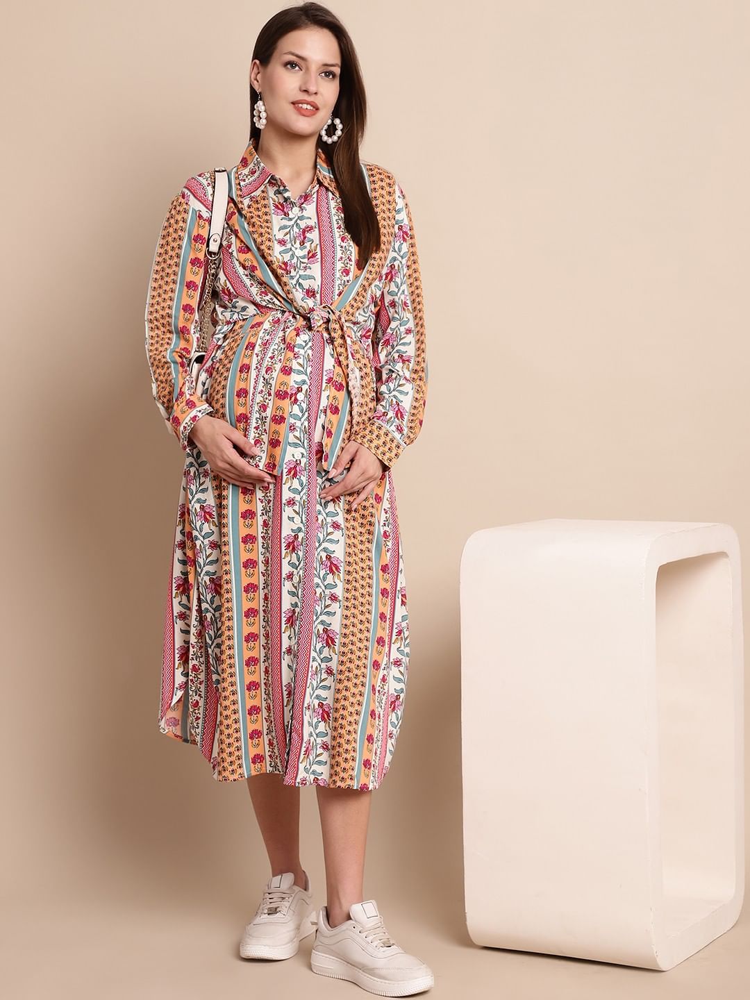 Pink & White Floral Maternity Shirt Dress