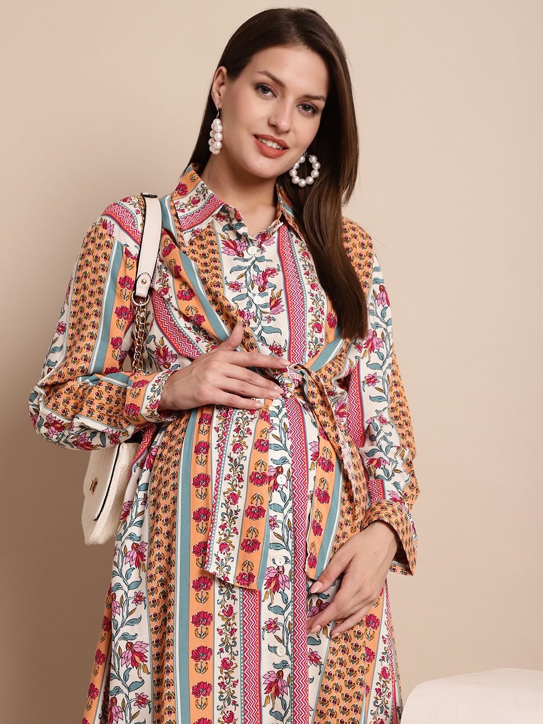 Pink & White Floral Maternity Shirt Dress