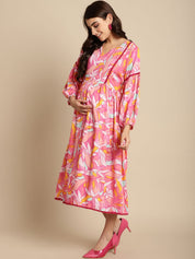 Pink Floral Rayon Maternity Dress