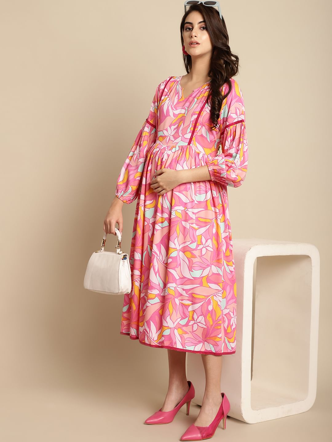 Pink Floral Rayon Maternity Dress
