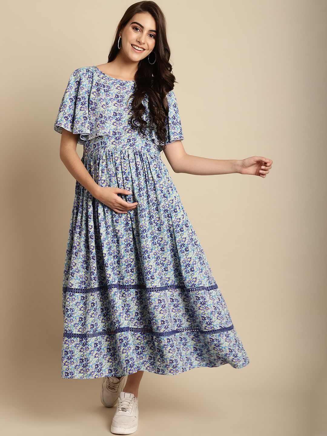 Blue Floral Rayon Maternity Dress
