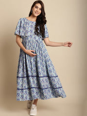 Blue Floral Rayon Maternity Dress