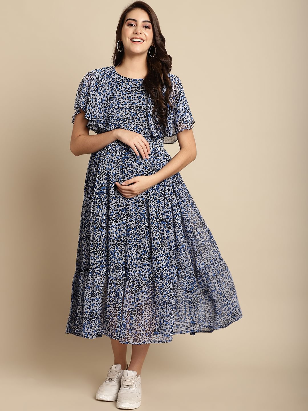 Navy Blue Floral Chiffon Maternity Dress