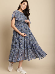 Navy Blue Floral Chiffon Maternity Dress