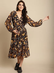 Black Floral Chiffon Maternity Dress