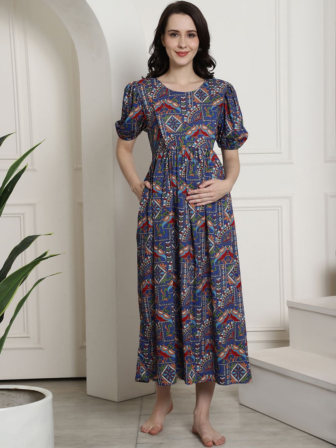 Navy Blue Rayon Maternity Dress