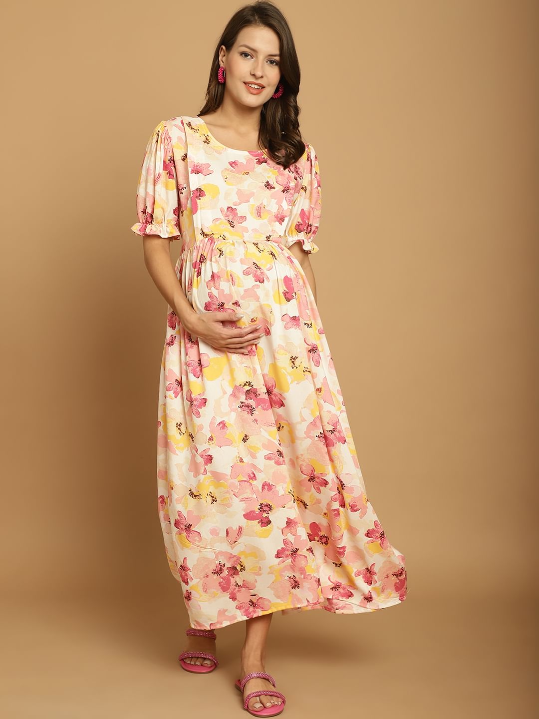 Beige Floral Rayon Maternity Dress