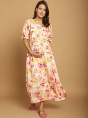 Beige Floral Rayon Maternity Dress