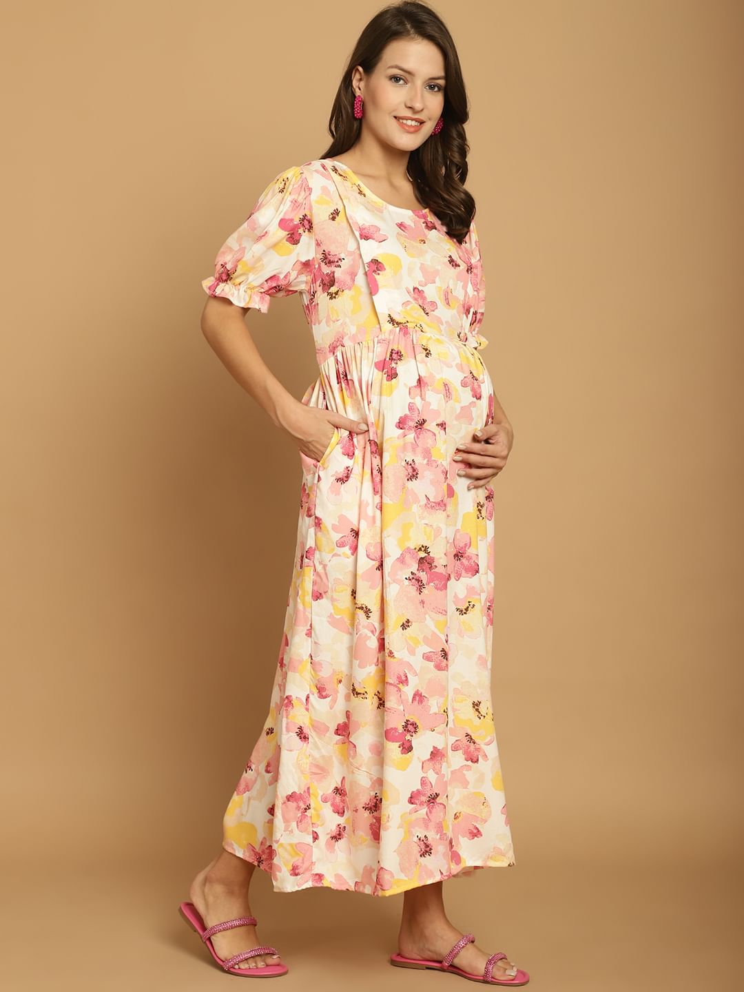 Beige Floral Rayon Maternity Dress