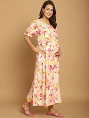 Beige Floral Rayon Maternity Dress