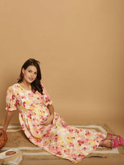 Beige Floral Rayon Maternity Dress