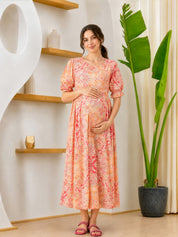 Pink Floral Rayon Maternity Dress