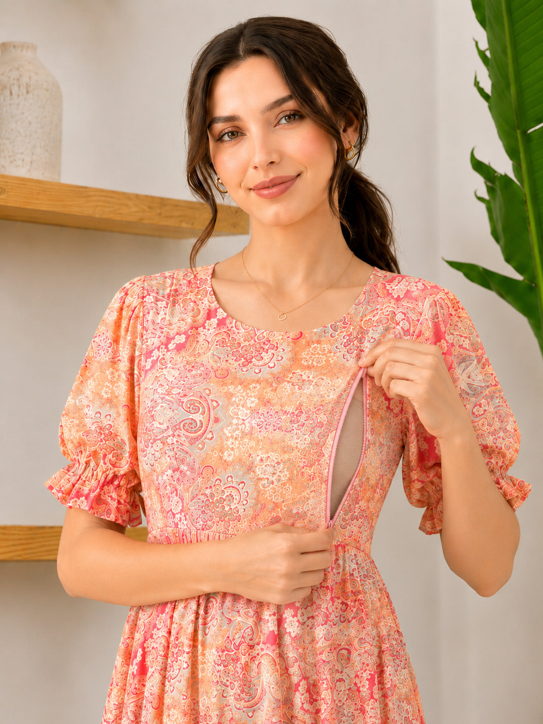 Pink Floral Rayon Maternity Dress