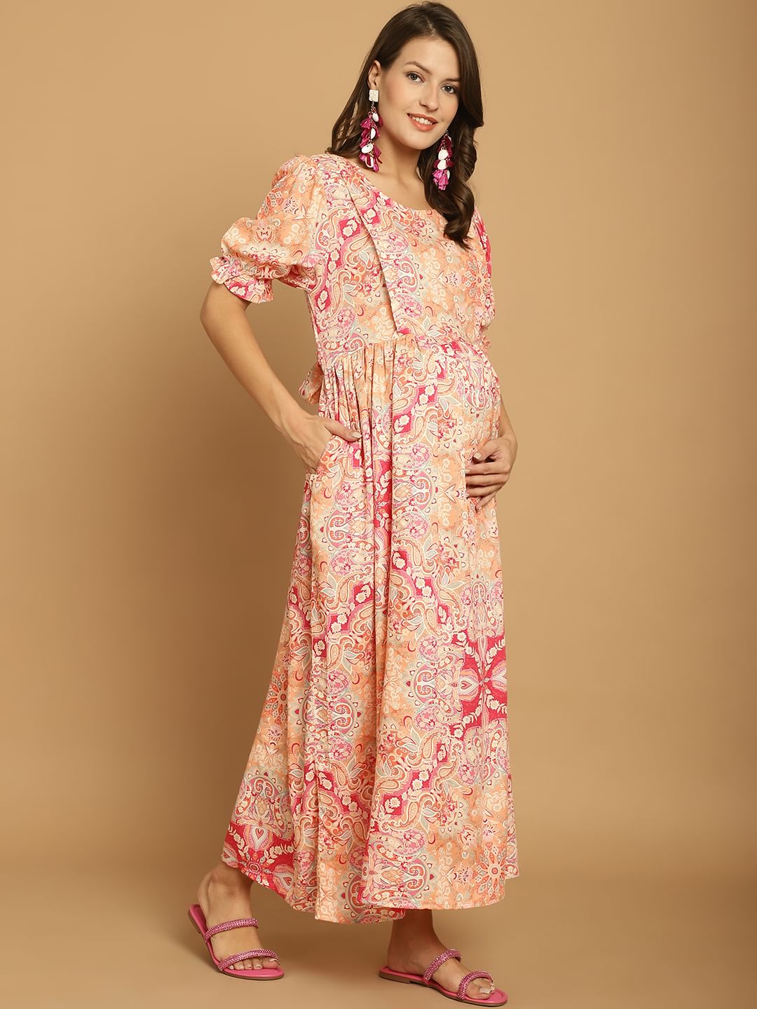 Pink Floral Rayon Maternity Dress