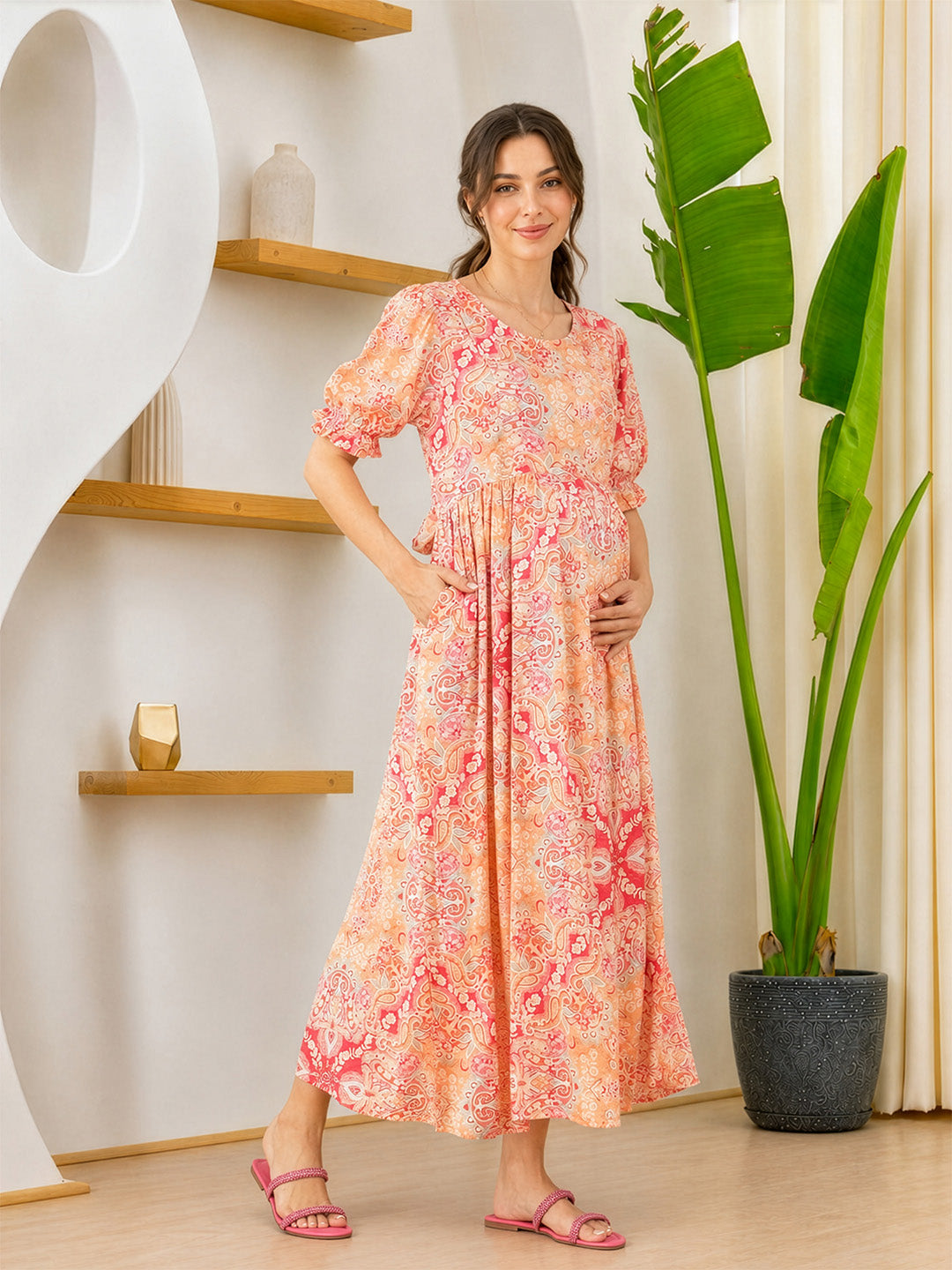 Pink Floral Rayon Maternity Dress