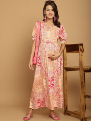 Pink Floral Rayon Maternity Dress