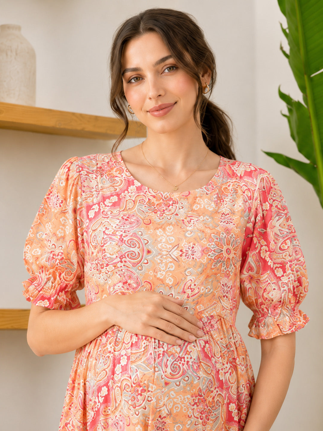 Pink Floral Rayon Maternity Dress