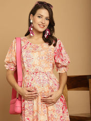 Pink Floral Rayon Maternity Dress