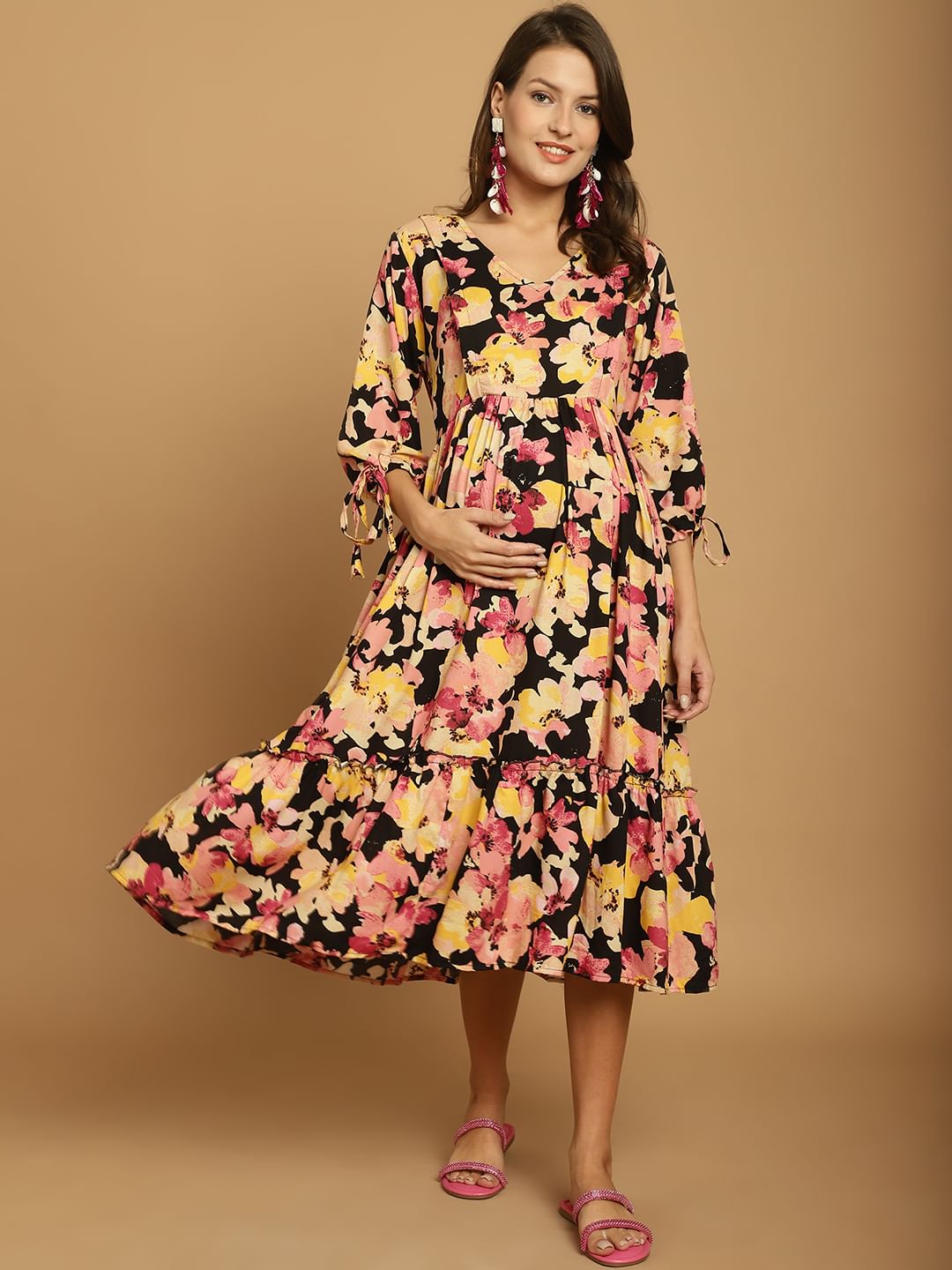 Black Floral Rayon Maternity Dress