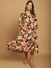 Black Floral Rayon Maternity Dress