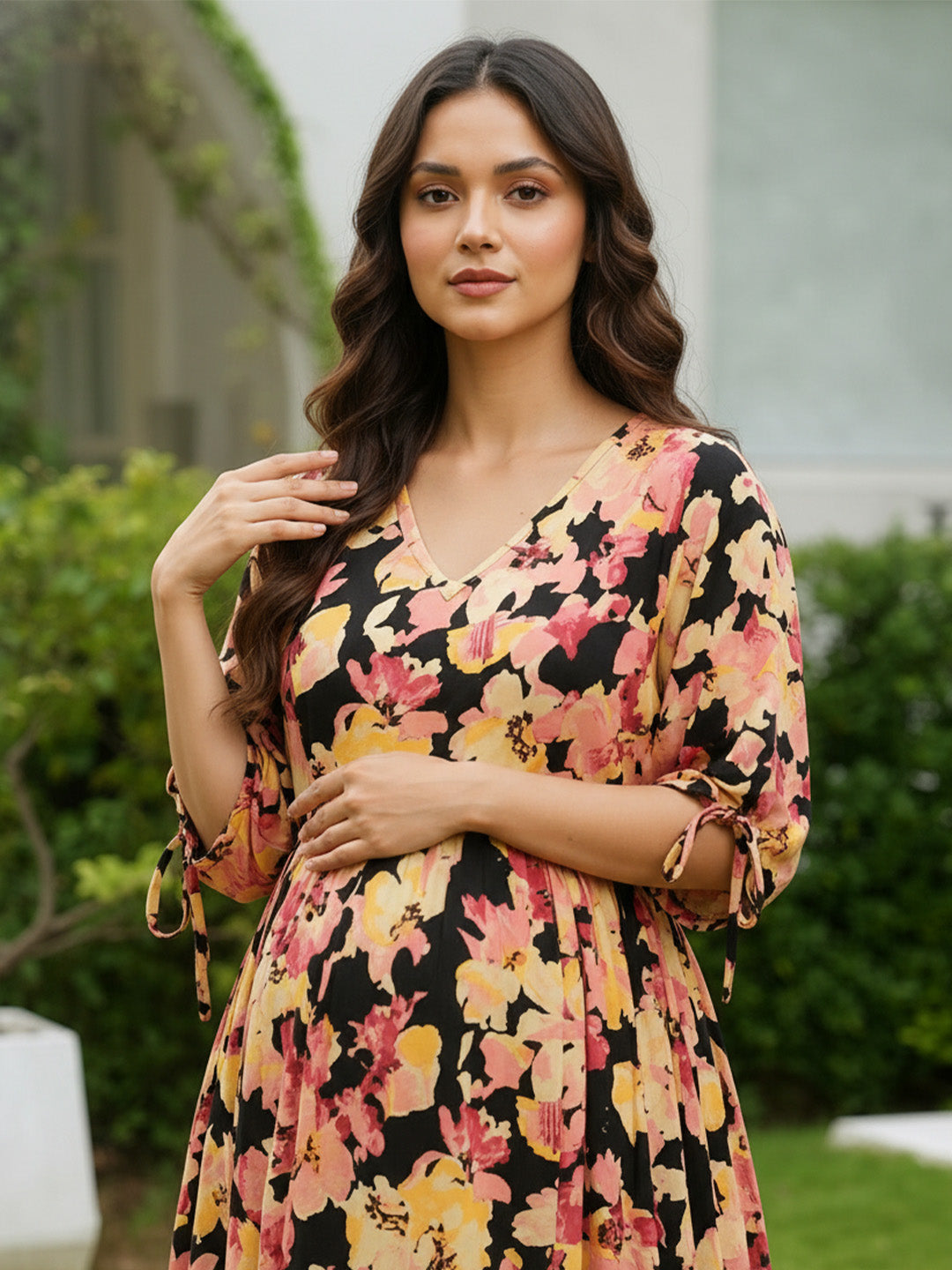 Black Floral Rayon Maternity Dress