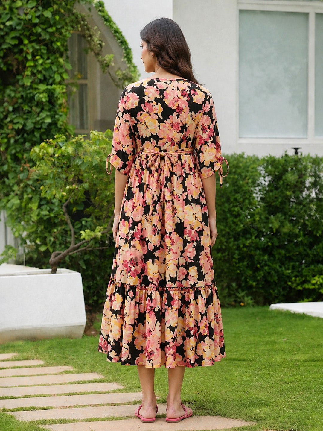 Black Floral Rayon Maternity Dress