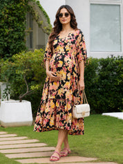 Black Floral Rayon Maternity Dress