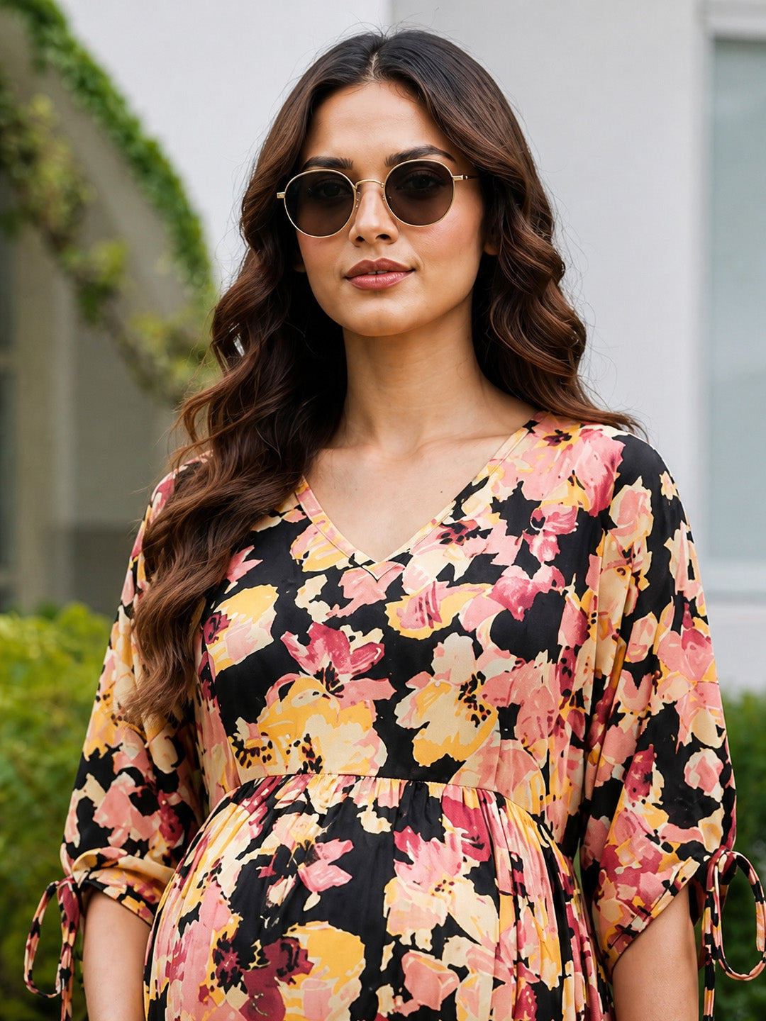 Black Floral Rayon Maternity Dress