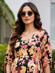 Black Floral Rayon Maternity Dress